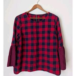 J Crew Mercantile Flannel Blouse Womens 10 Red Buffalo Plaid Bell Sleeve Cabin